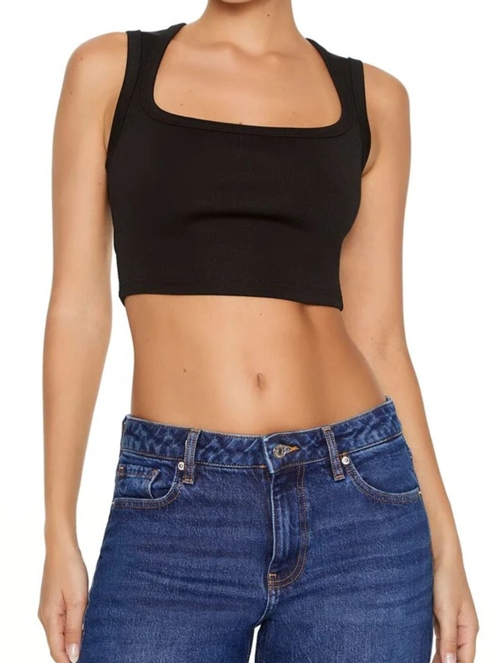 Forever 21 Black Square Neck Cropped ribbed Tank Ladies Large Slim Form Fitting